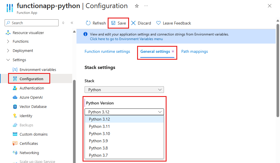 Azure portal で関数アプリの目的の Python バージョンを設定する方法を示すスクリーンショット。