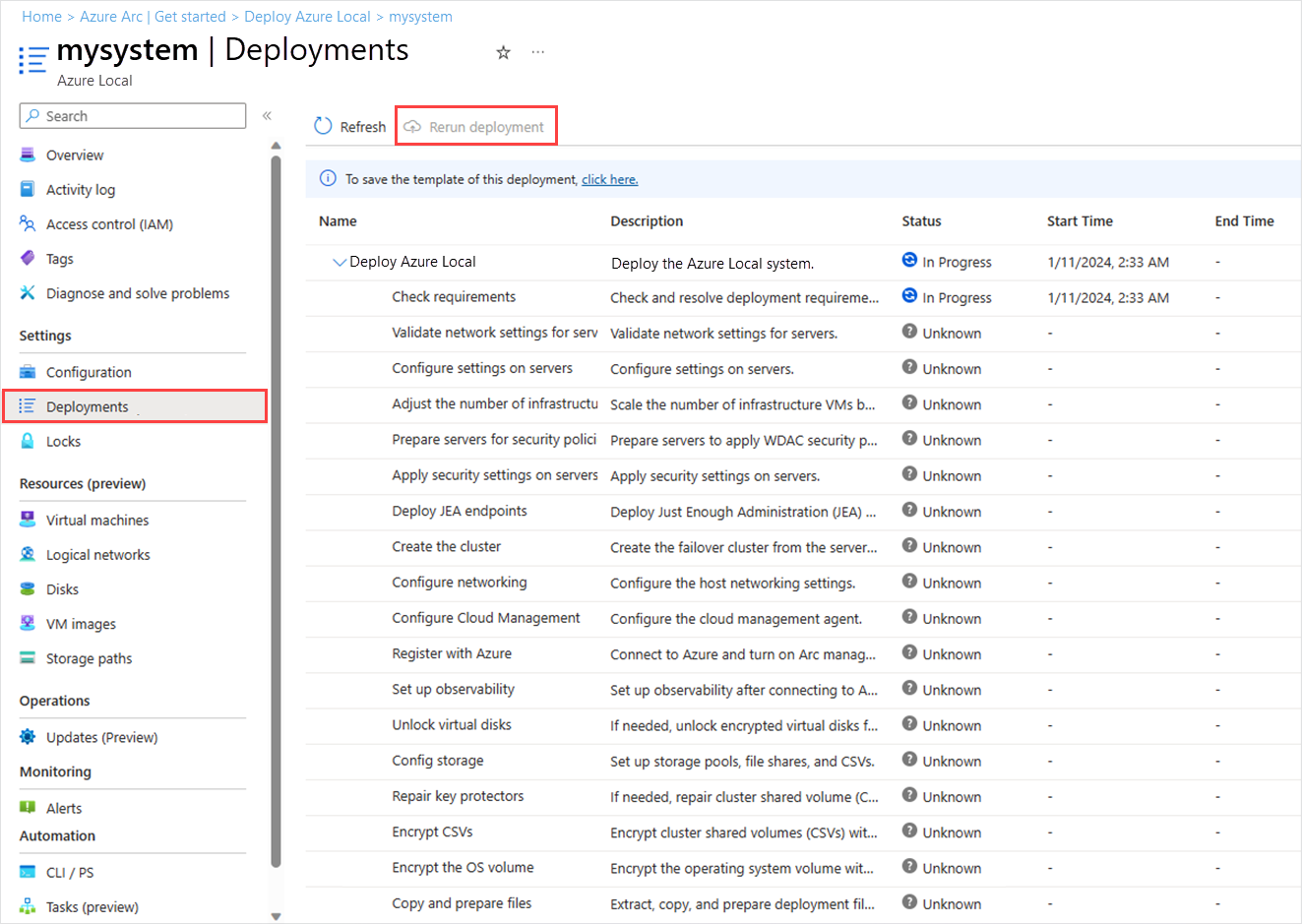 Azure portal を使用して失敗したデプロイを再実行する方法のスクリーンショット。