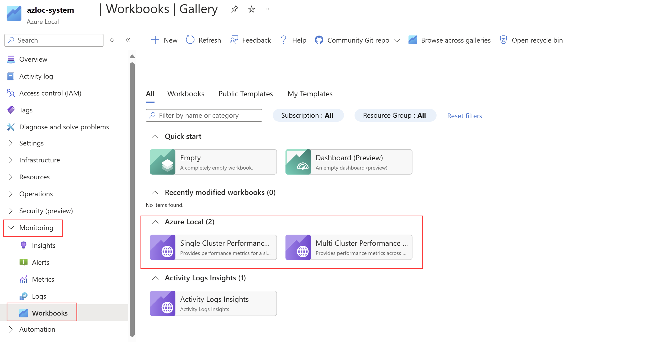 Azure ローカル システム経由でアクセスしたときの Workbooks ギャラリーのスクリーンショット。