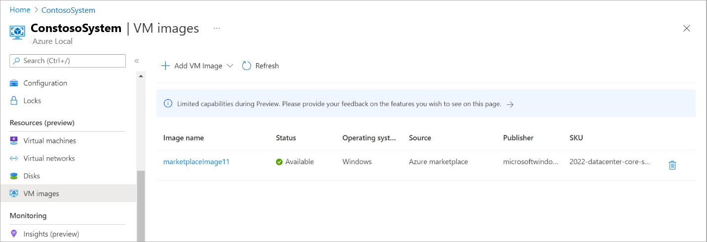 イメージの一覧に新しく追加された VM イメージを示すスクリーンショット。