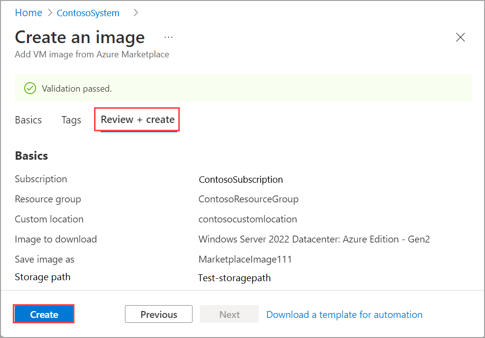 [作成] ボタンが強調表示されている [イメージの作成] ページのスクリーンショット。