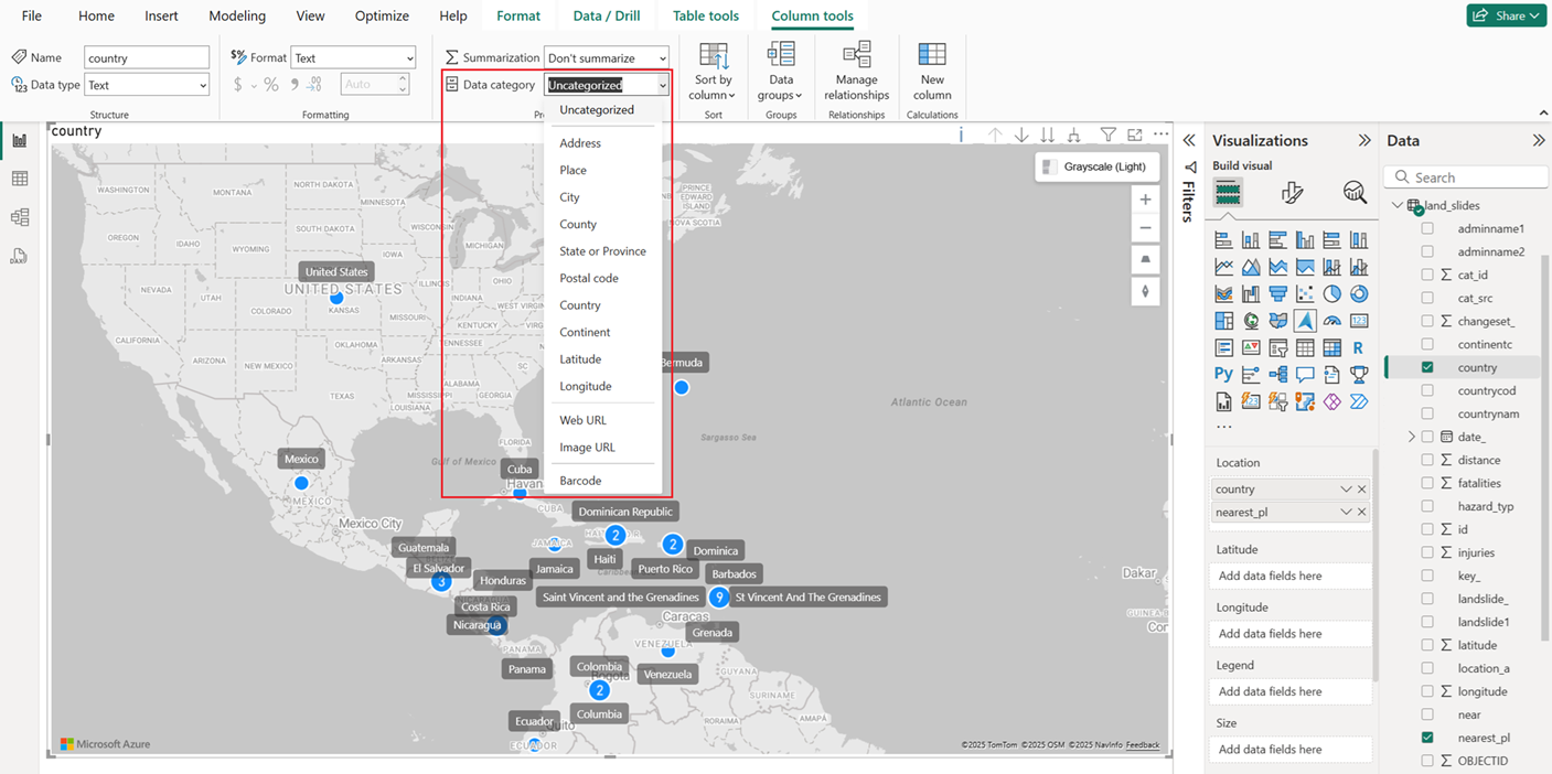Power BI Desktop の [データ カテゴリ] ドロップダウン リストを示すスクリーンショット。