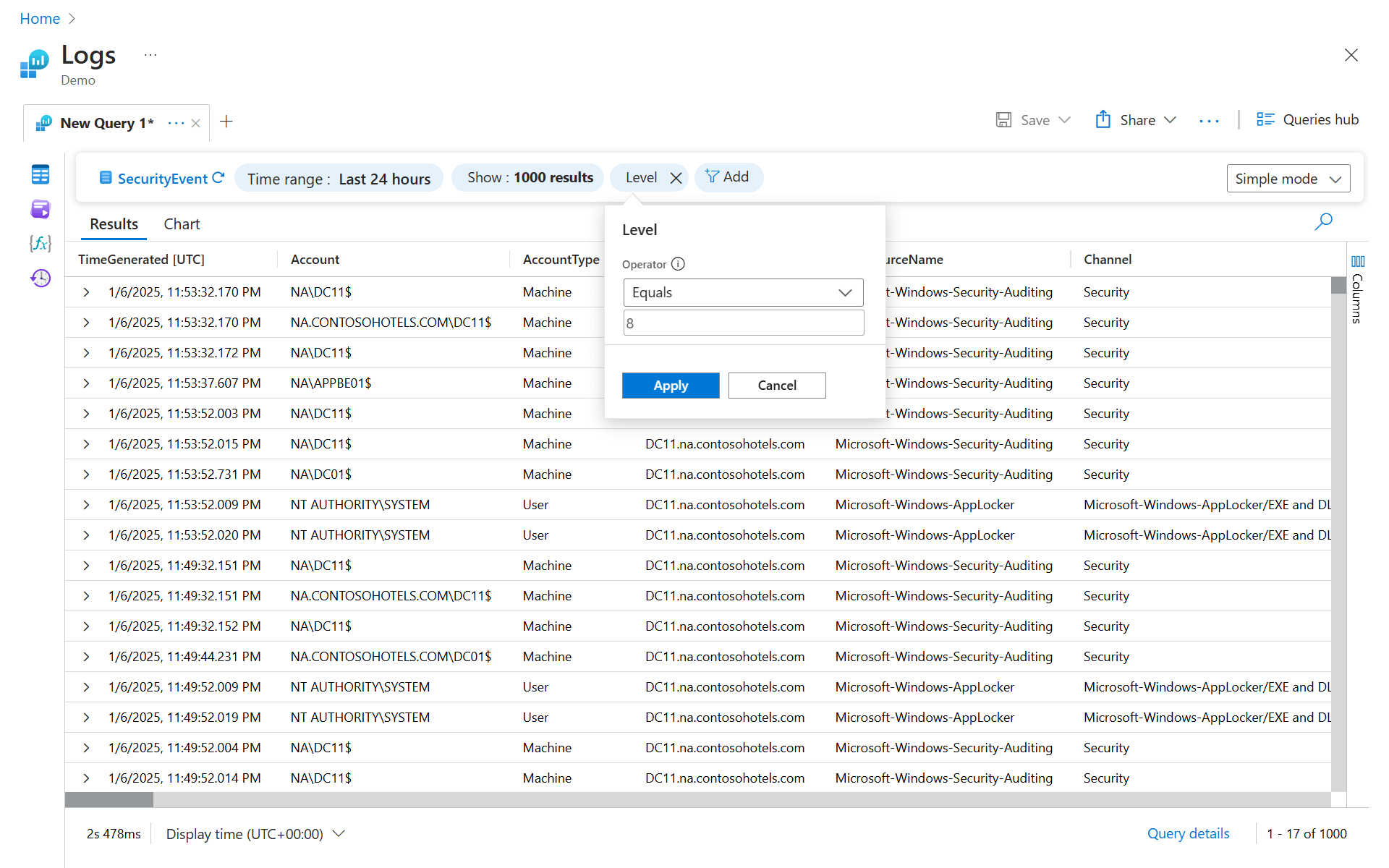 Log Analytics 簡易モードの OperationId 列でのフィルター値を示すスクリーンショット。
