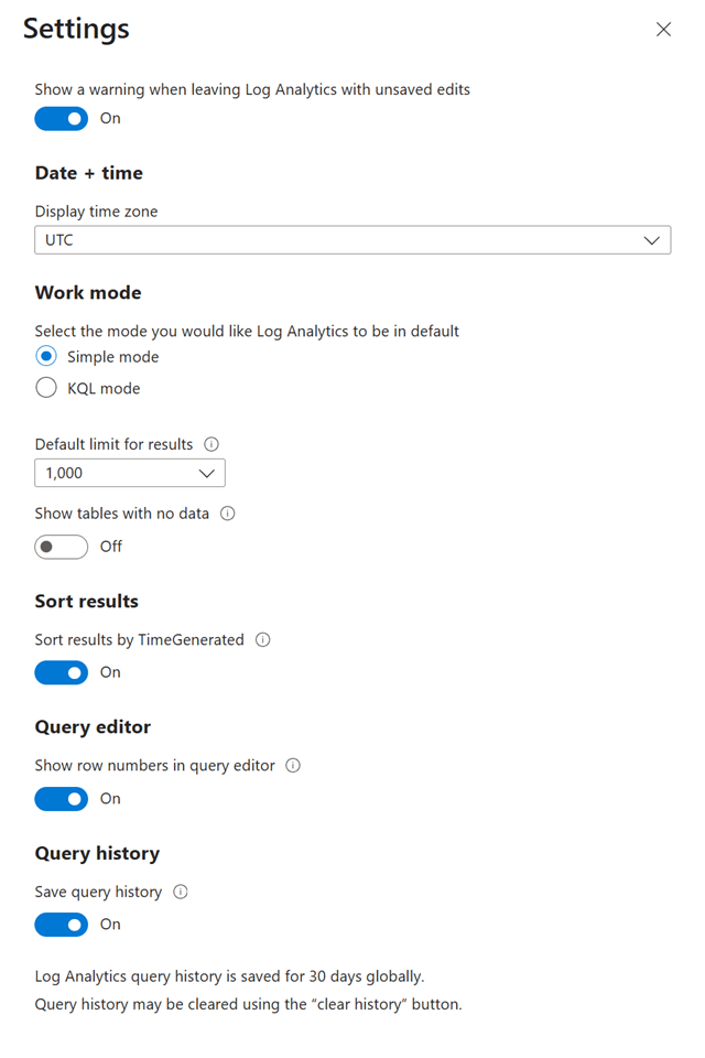 Log Analytics の [ログ設定] ウィンドウを示すスクリーンショット。