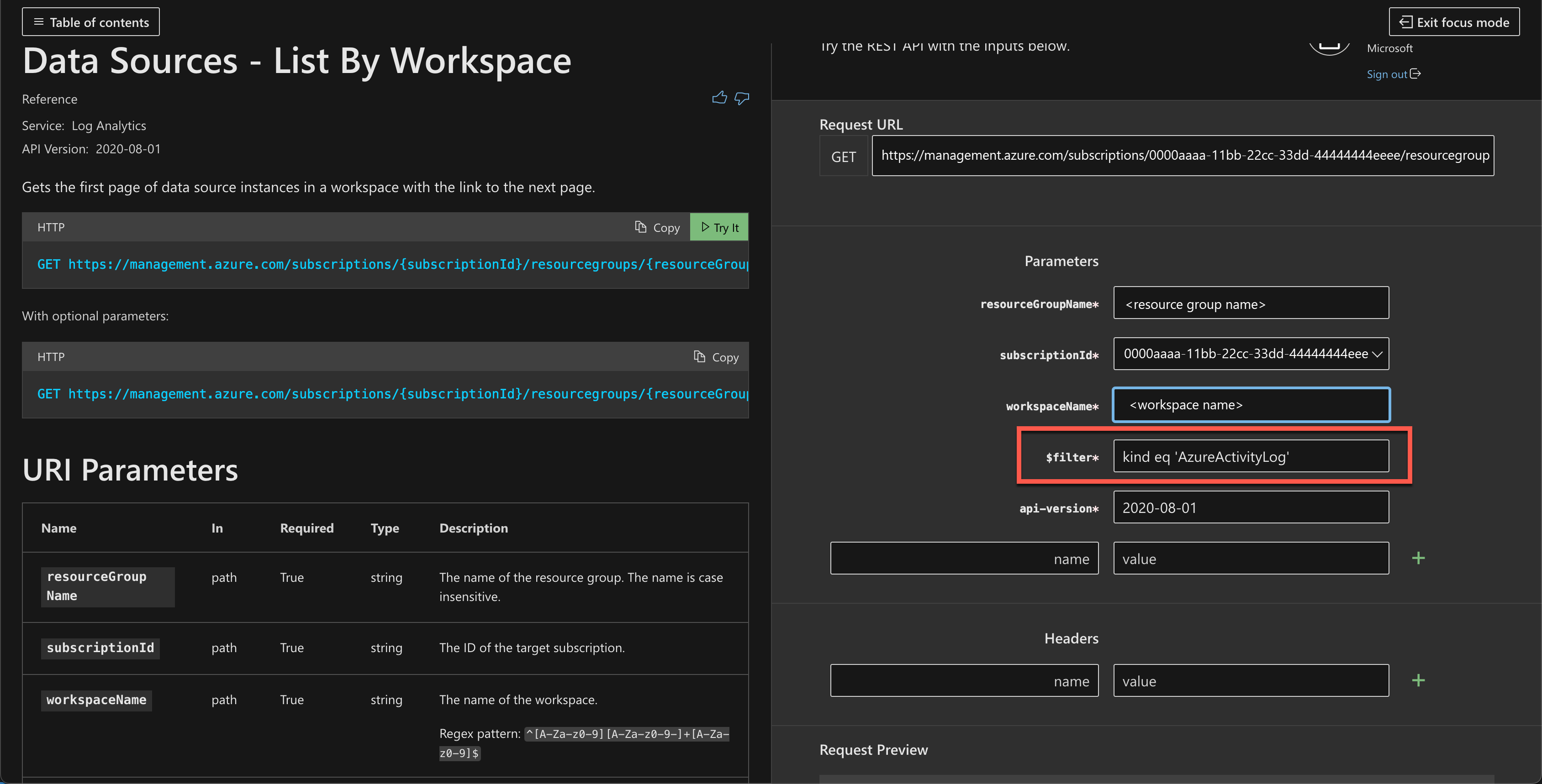 Data Sources - List By Workspace API の構成を示すスクリーンショット。