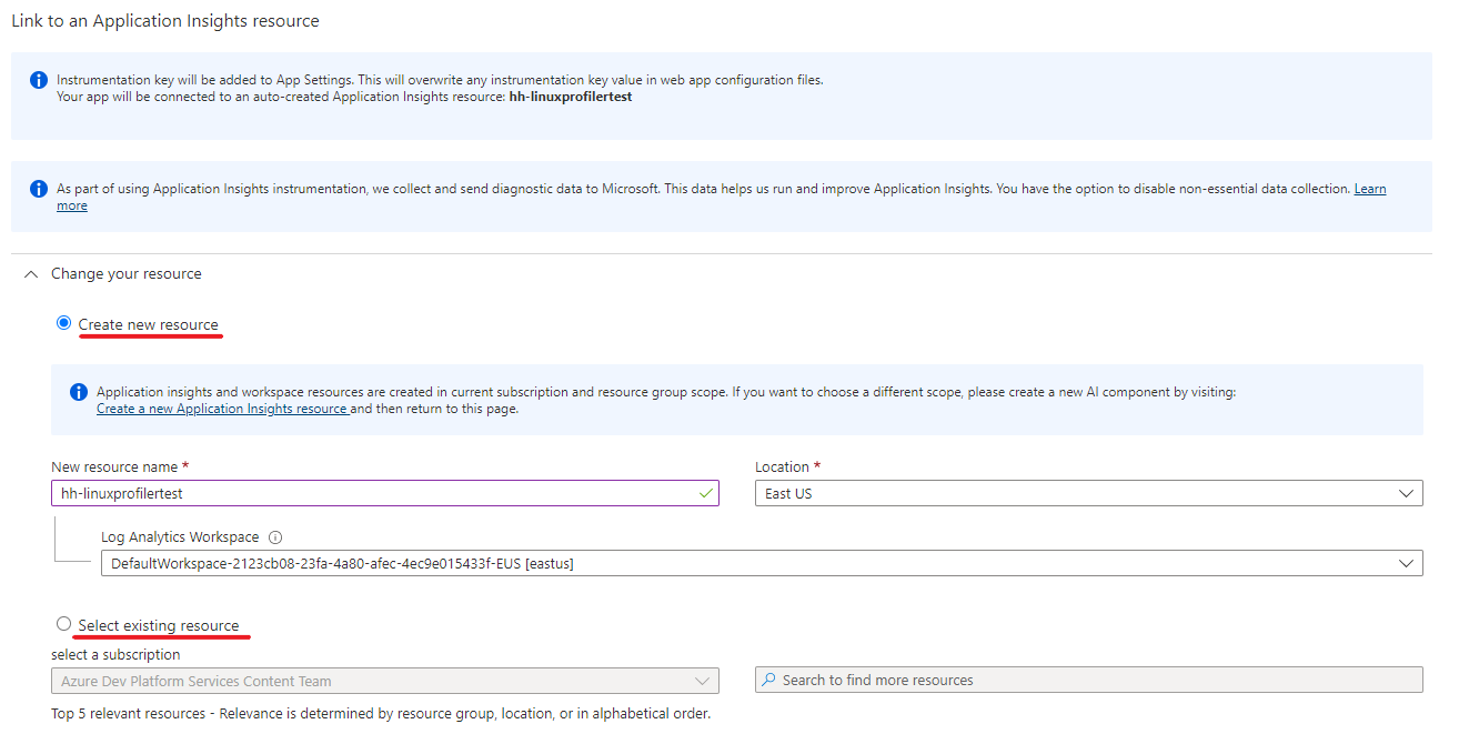 Application Insights を新規または既存のリソースにリンクする方法を示すスクリーンショット。