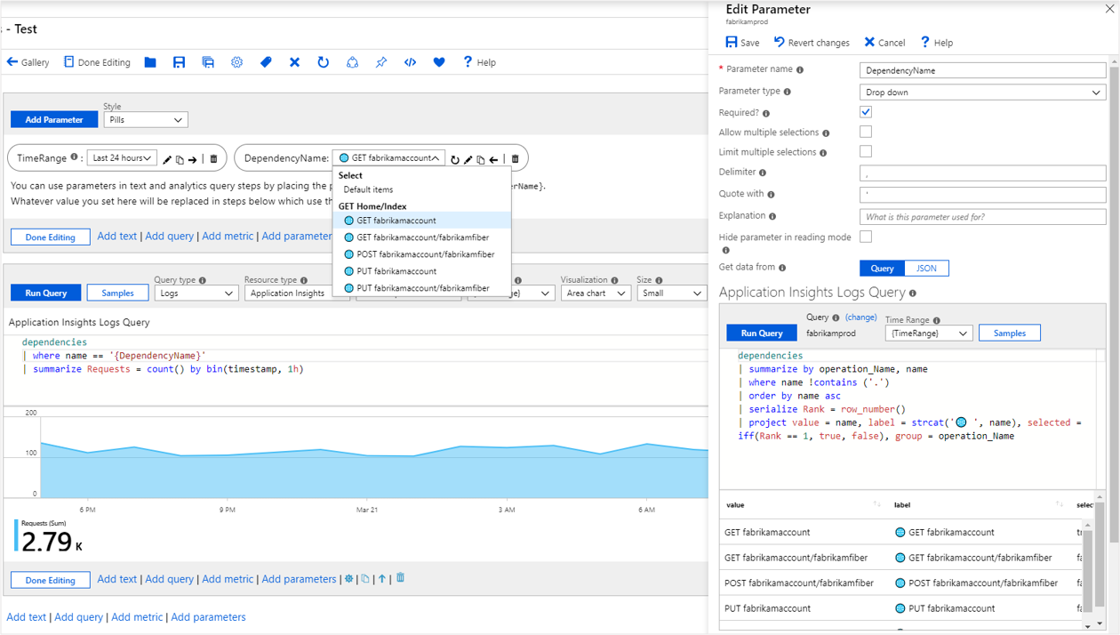 値、ラベル、選択、グループのオプションが使用されているドロップダウン パラメーターを示すスクリーンショット。