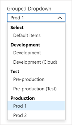 グループ化されたドロップダウン リストの例を示すスクリーンショット。