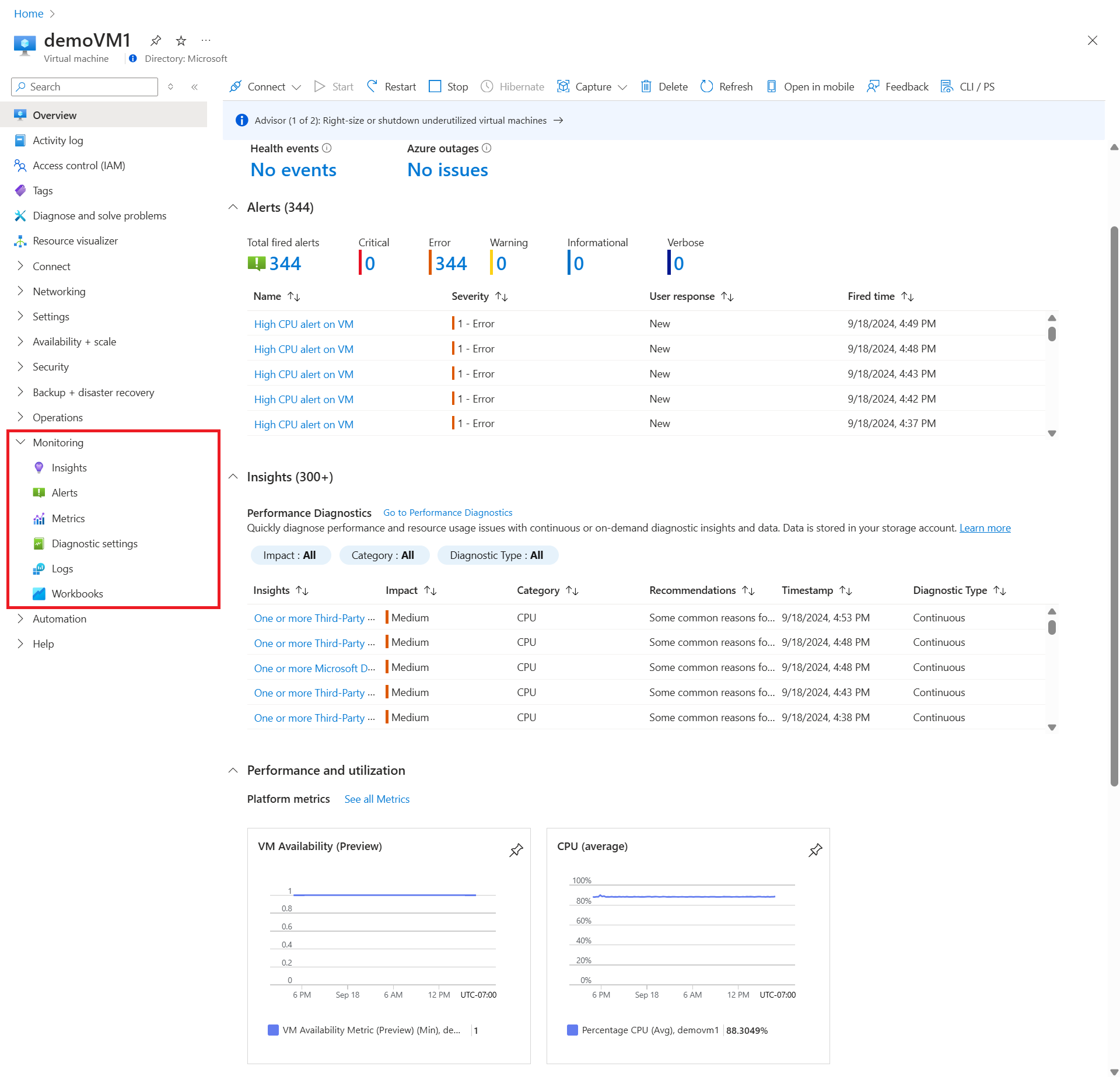 Azure portal での VM の分析を示すスクリーンショット。