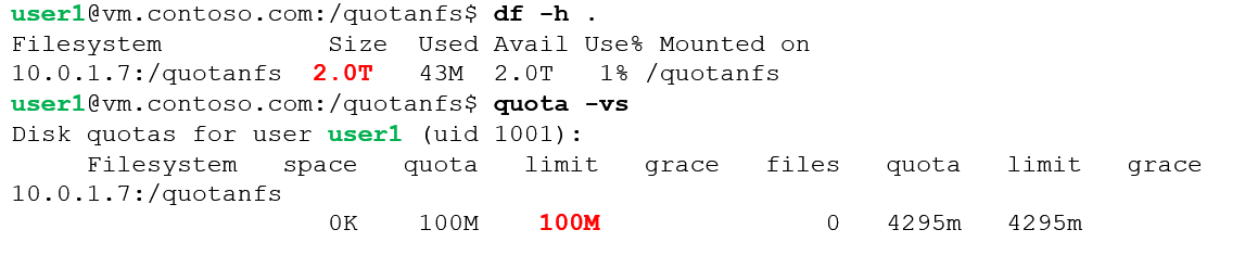 quota コマンドの使用方法を示す例。