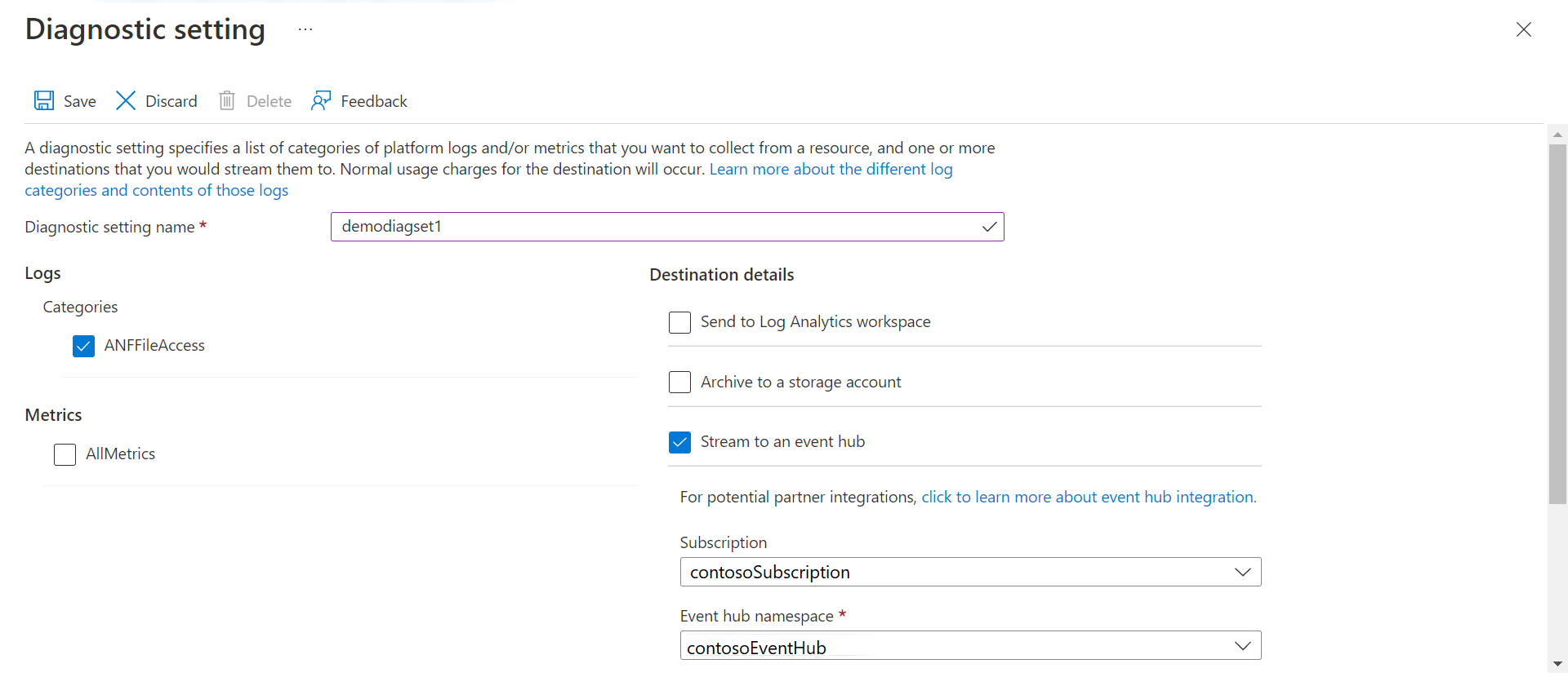ファイル アクセス診断設定を含む Azure の [診断設定] メニューのスクリーンショット。