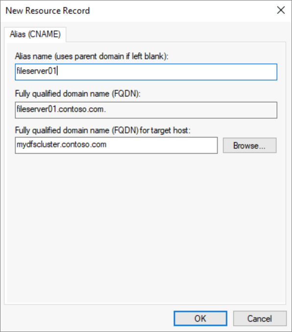 CNAME DNS エントリの新しいリソース レコードを示すスクリーンショット。
