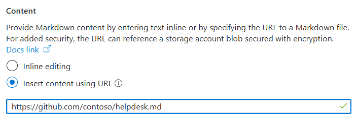 Azure portal ダッシュボードのマークダウン タイルに URL を入力するスクリーンショット。