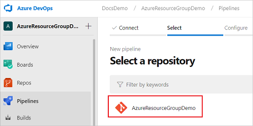 Azure DevOps でプロジェクトのリポジトリを選択するスクリーンショット