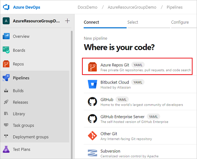 Azure DevOps でコード ソースを選択するスクリーンショット