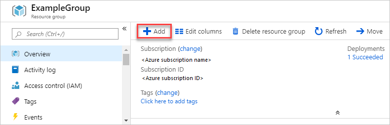 Azure portal でリソース グループにリソースを追加するスクリーンショット