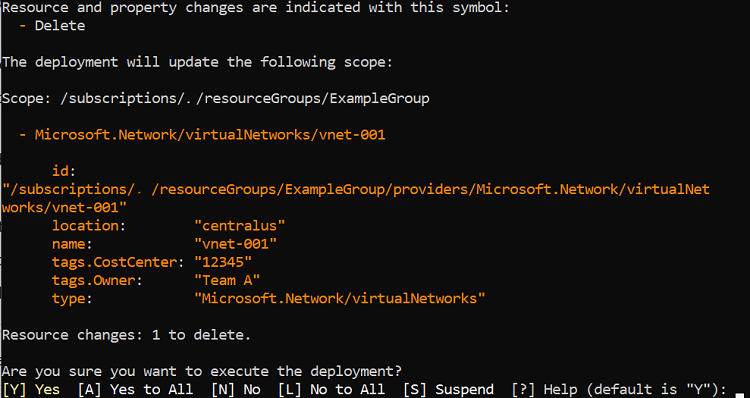 デプロイ モードでの What-If 操作の出力が完了した Resource Manager テンプレートのデプロイのスクリーンショット。