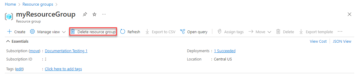 リソース グループ ビューで [リソース グループの削除] オプションが強調表示されている Azure portal のスクリーンショット。