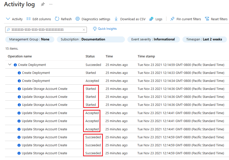 並列にデプロイされた 3 つのストレージ アカウントとそのタイムスタンプと状態を表示している Azure portal アクティビティ ログのスクリーンショット。