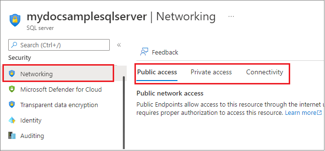 論理 SQL サーバーの Azure portal のファイアウォールと仮想ネットワークの設定のスクリーンショット。