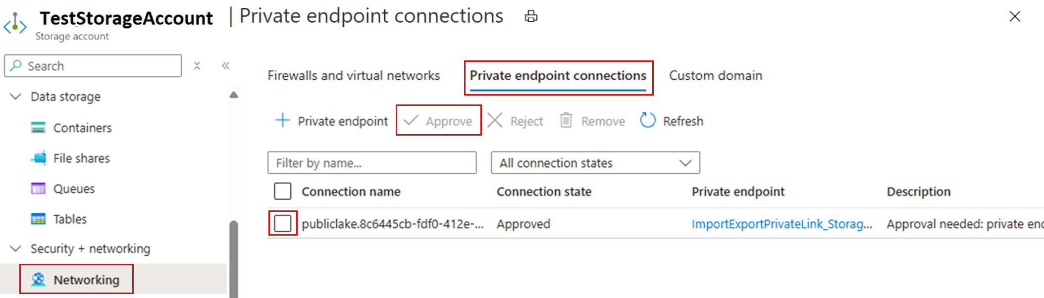 Azure Storage での Azure Storage Private Link の承認方法を示す Azure portal のスクリーンショット。