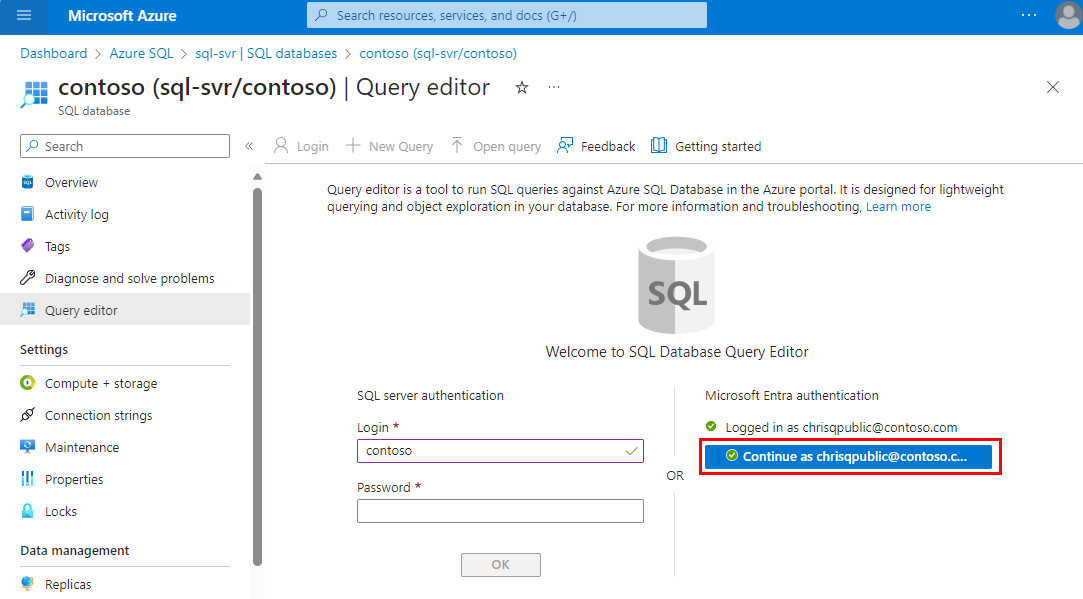 Microsoft Entra 認証によるサインインを示す Azure portal のスクリーンショット。
