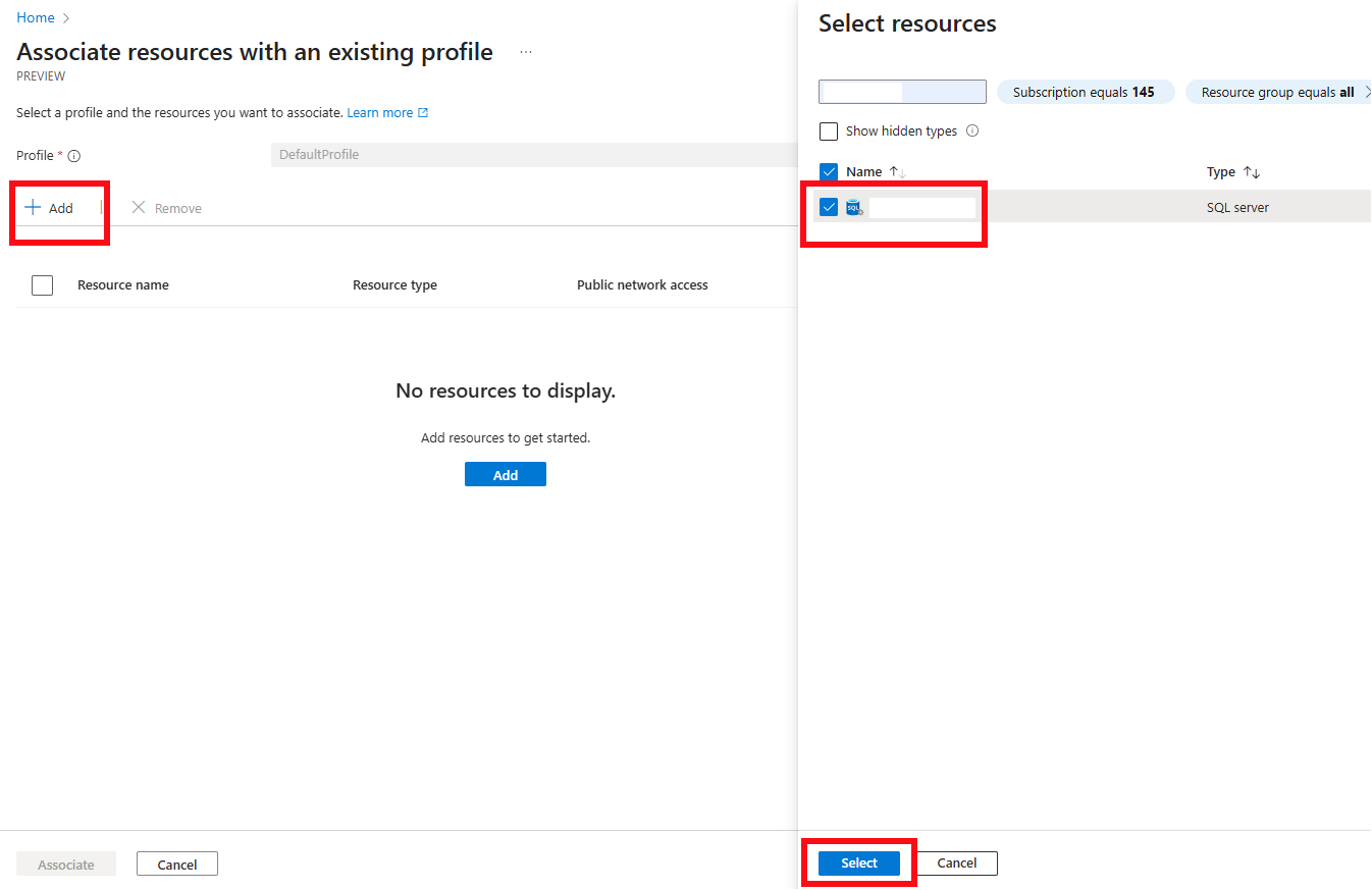 Azure portal でネットワーク セキュリティ境界に関連付けられているリソースを追加するスクリーンショット。