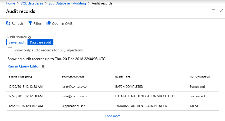 SQL Database の監査レコードを示す Azure portal のページのスクリーンショット。