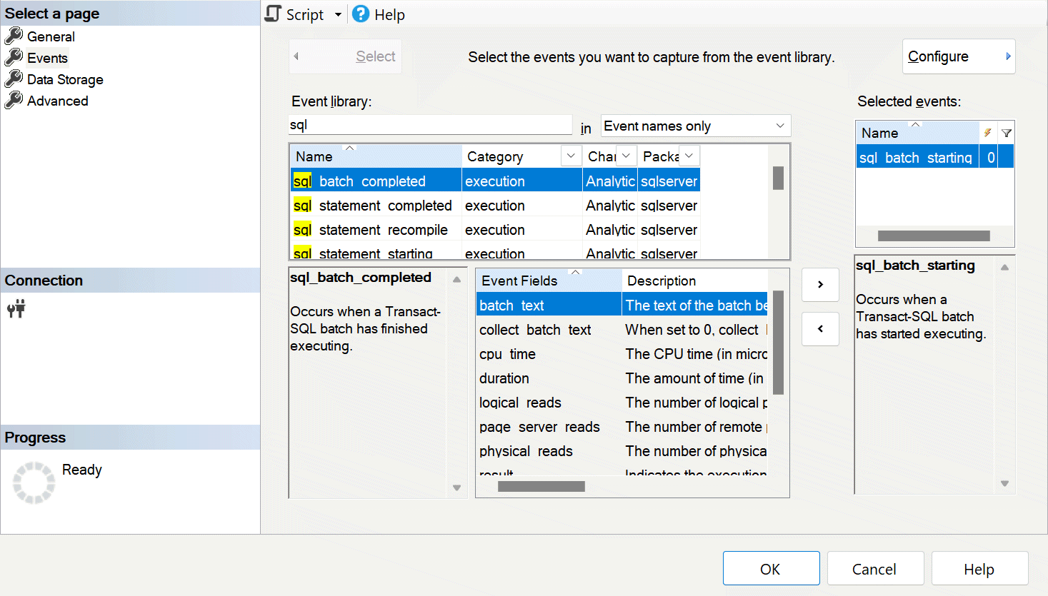 sql_batch_starting イベントが選択されているイベント選択ページを示す [新しいセッション SSMS] ダイアログのスクリーンショット。