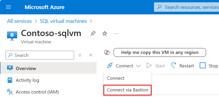 ポータルでの VM への接続を示すスクリーンショット。