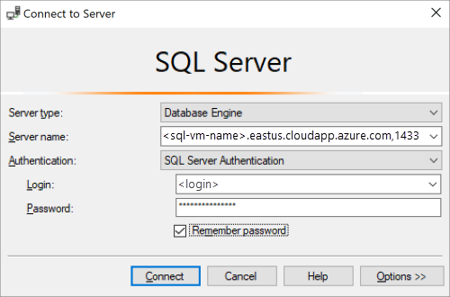 Azure VM 上の SQL Server への接続に必要な詳細を示すスクリーンショット。