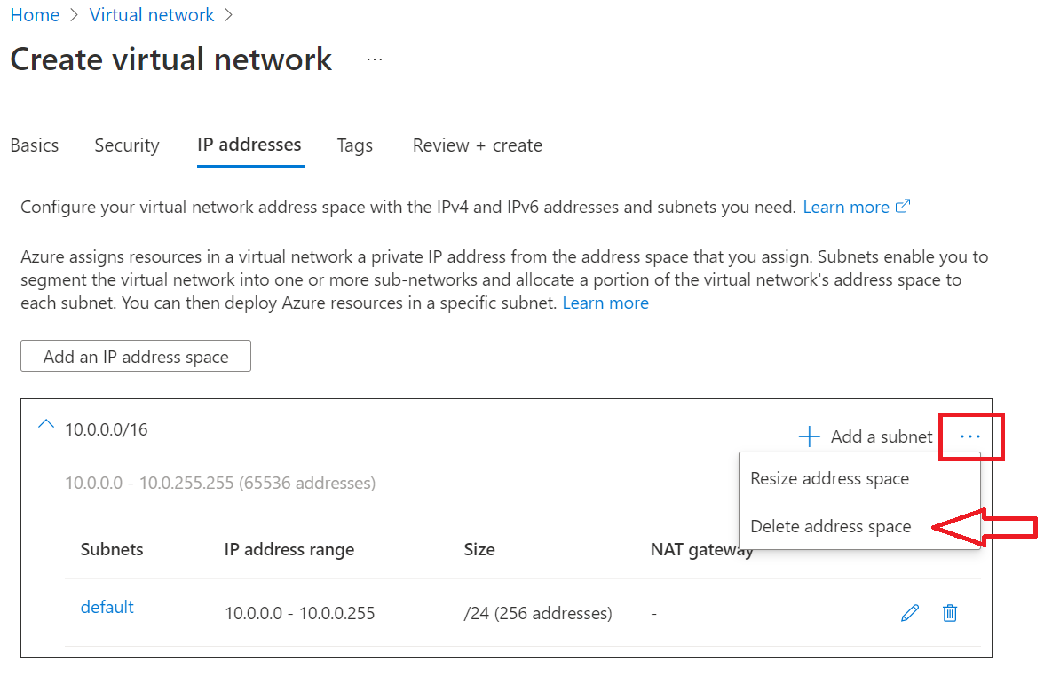アドレス空間を削除するための選択を示す Azure portal のスクリーンショット。