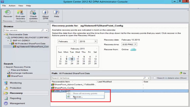 [MABS 回復] タブに表示されている SharePoint オブジェクトを選択する方法を示すスクリーンショット。
