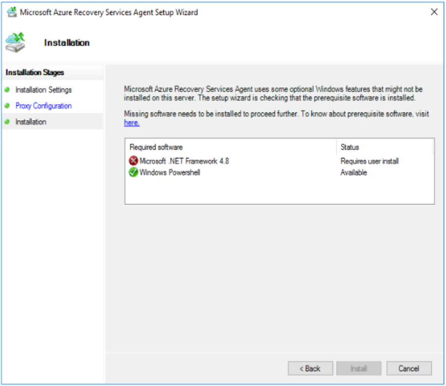 MARS エージェントを構成するために必要な前提条件を示すスクリーンショット。