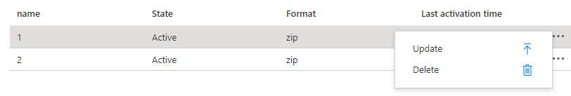 Azure portal のアプリケーション パッケージの更新と削除のオプションを示すスクリーンショット。