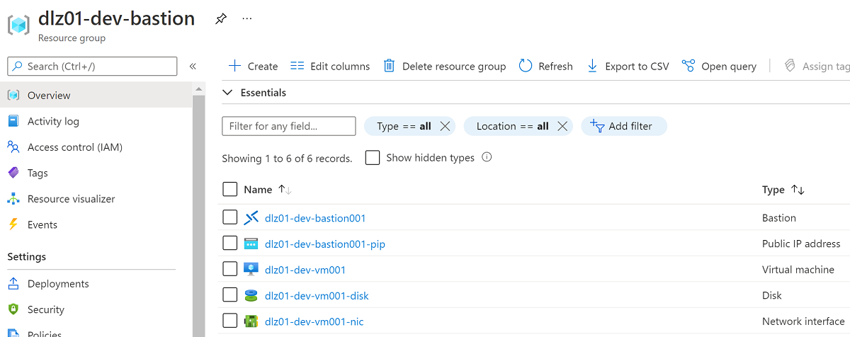 Azure Bastion リソース グループの一覧のスクリーンショット。