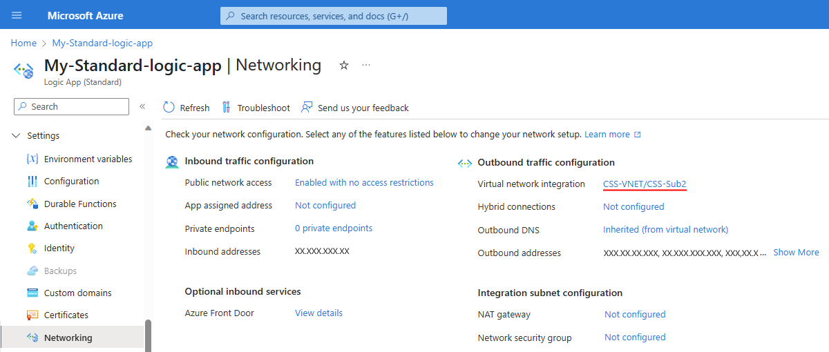 Azure portal の Standard ロジック アプリ リソースの [ネットワーク] ページで、選択した仮想ネットワークおよびサブネットが表示されているのを示すスクリーンショット。