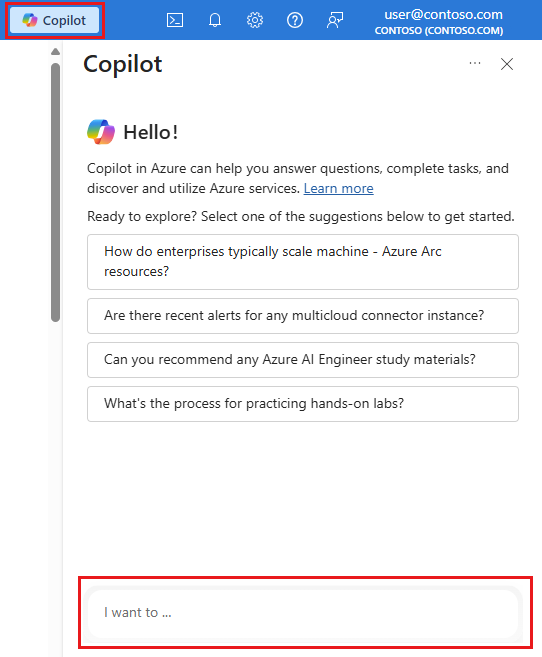 Azure portal の [Copilot] アイコンとペインを示すスクリーンショット。