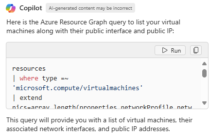 VM を一覧表示する要求に応答する Microsoft Copilot in Azure のスクリーンショット。