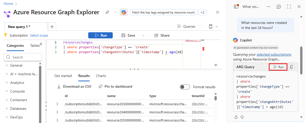 クエリを生成している Microsoft Copilot in Azure と、Azure Resource Graph エクスプローラーでの結果を示すスクリーンショット。
