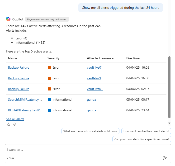 Screenshot of Copilot in Azure summarizing active alerts in the past 24 hours.