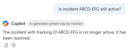 サービス正常性の問題がまだアクティブであるかどうかを確認する Azure の Microsoft Copilot のスクリーンショット。