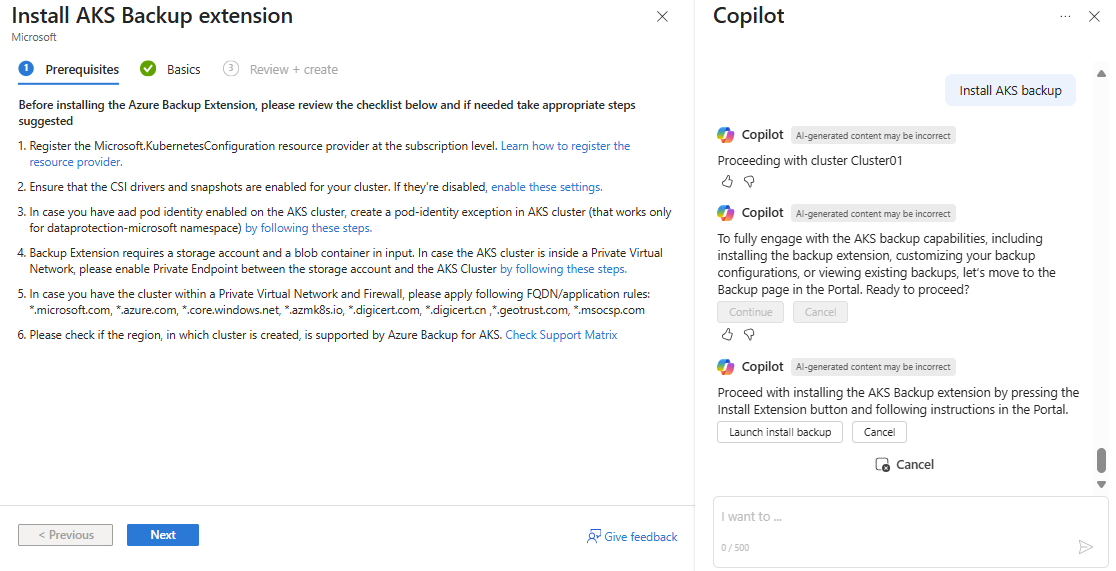 AKS クラスターのバックアップ拡張機能のインストール プロセスを開始する Azure の Microsoft Copilot を示すスクリーンショット。