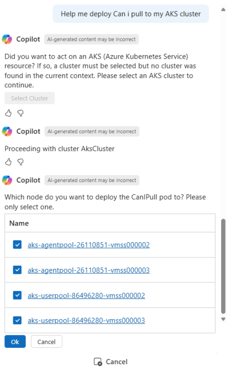 CanIPull をデプロイするクラスターとノードを確認する Copilot in Azure のスクリーンショット。