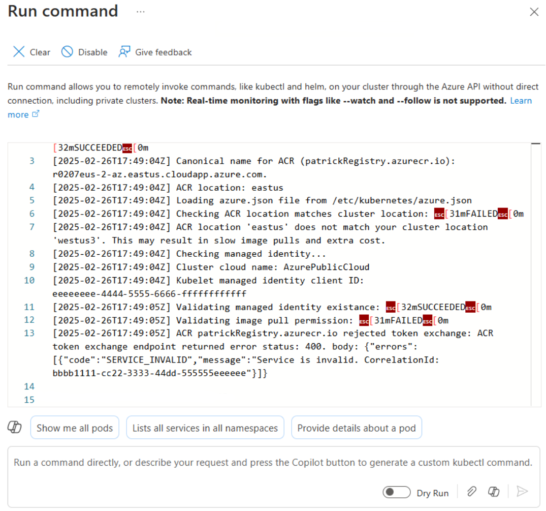 [実行コマンド] ウィンドウのログ情報を示すスクリーンショット。