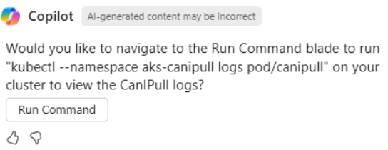 [実行コマンド] ウィンドウを開くよう求める Copilot in Azure を示すスクリーンショット。