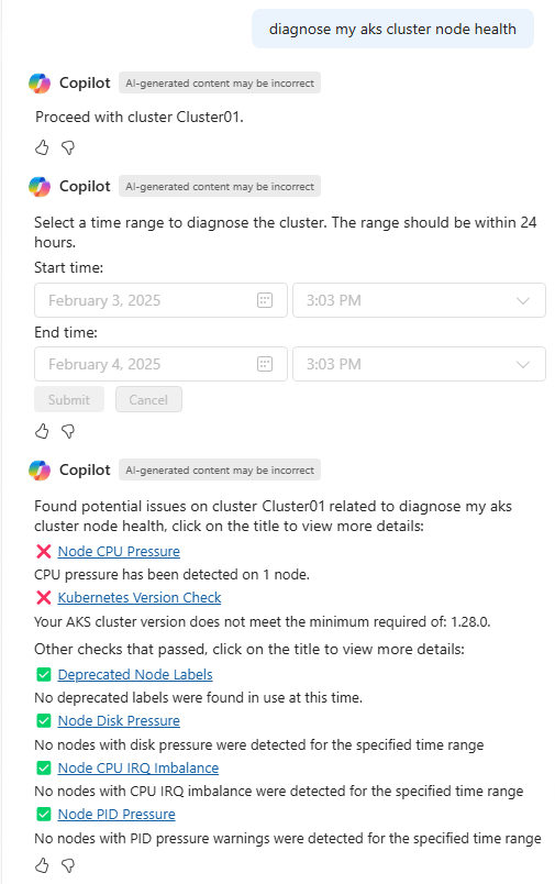 AKS クラスターの正常性を確認している Azure の Copilot のスクリーンショット。