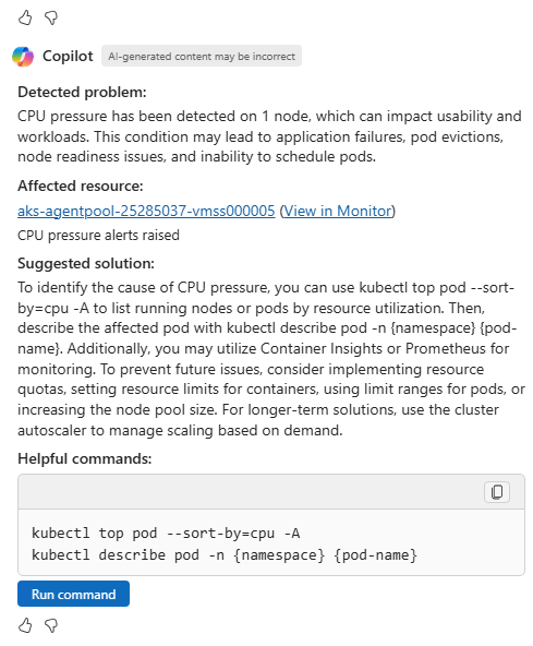 CPU 負荷に関する問題の詳細を示す Azure の Copilot のスクリーンショット。