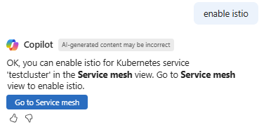 AKS クラスターへの Istio のデプロイに役立つ Azure の Microsoft Copilot を示すスクリーンショット。