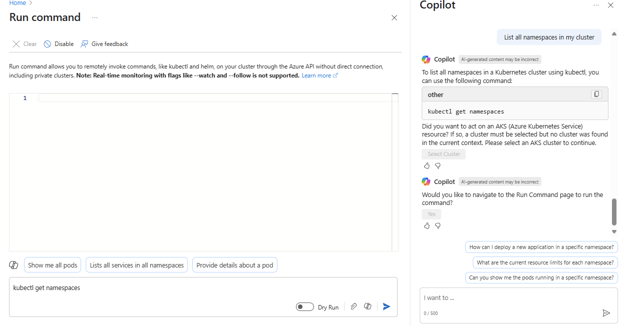 Kubectl コマンドを実行するための Azure の Microsoft Copilot のプロンプトのスクリーンショット。